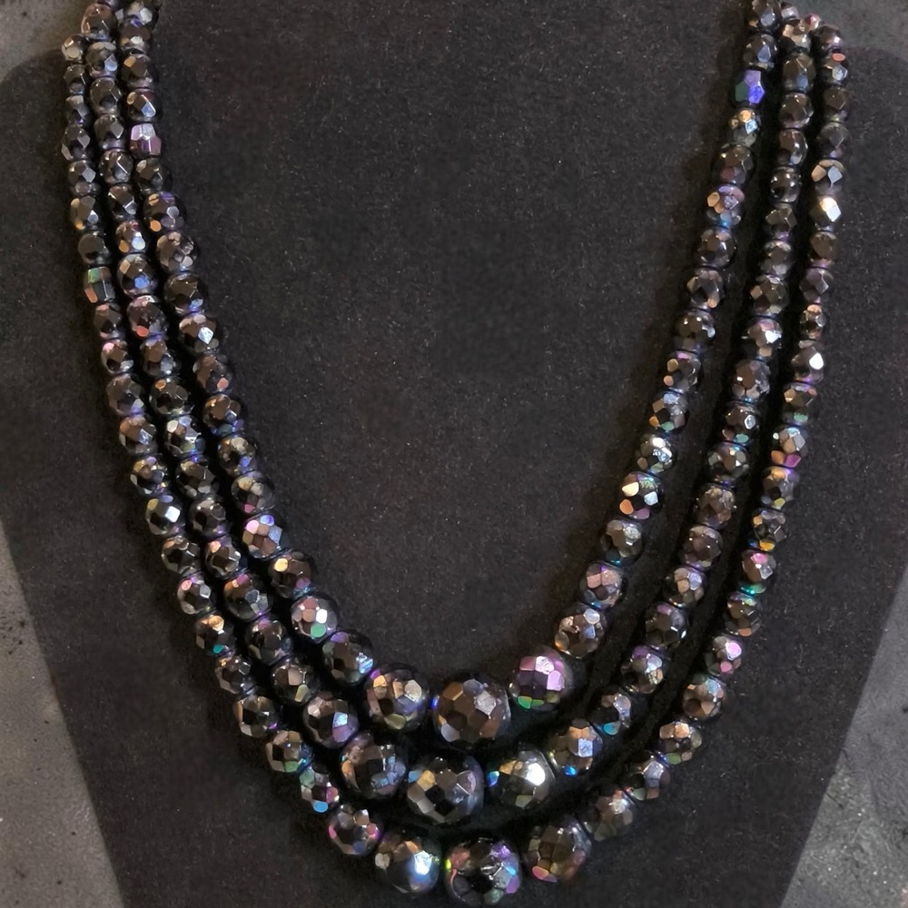 Vintage 1950s Black AB Glass 3-Strand Statement Necklace